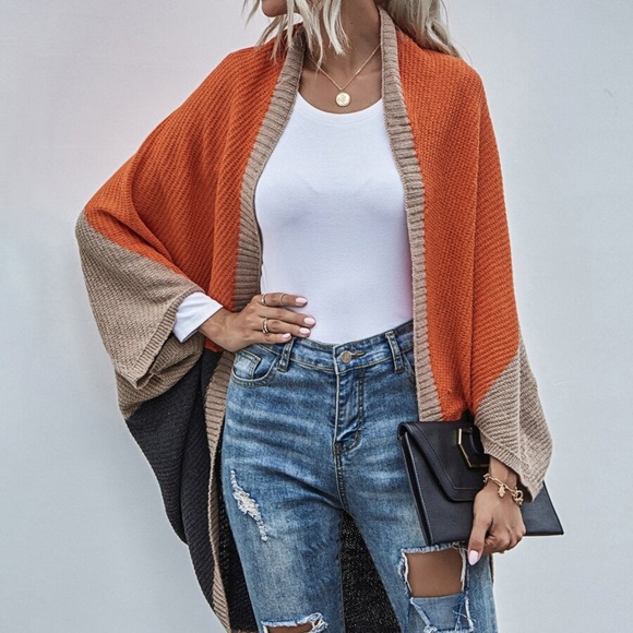 color block knit batwing cardigan oversized orange - Picture 3 of 5